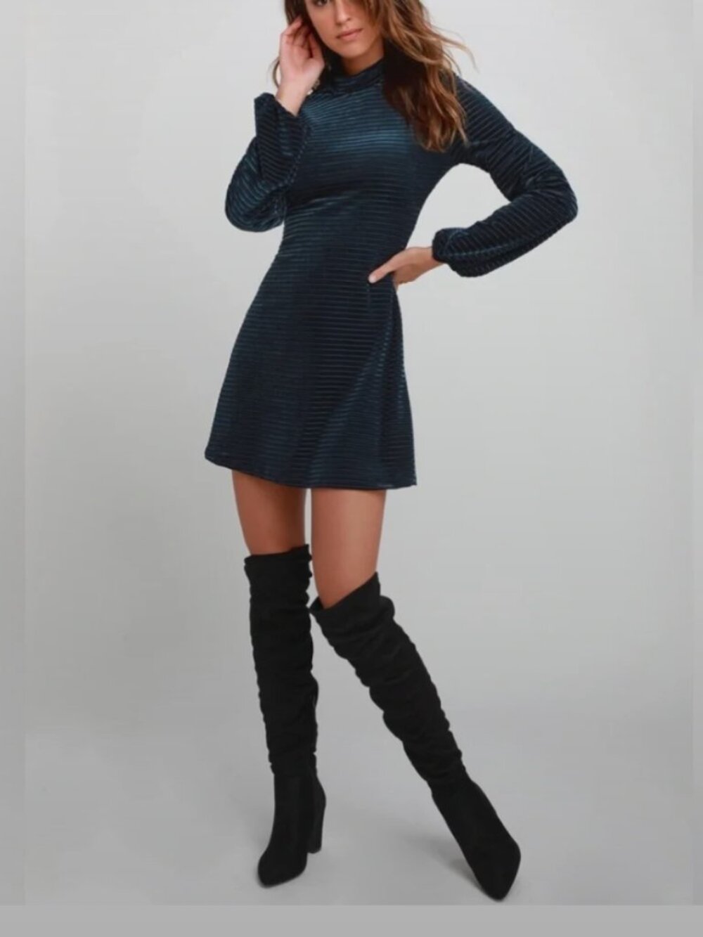 NWT Lulus Women's Size XL Blue Velvet Striped Long Sleeve Dress